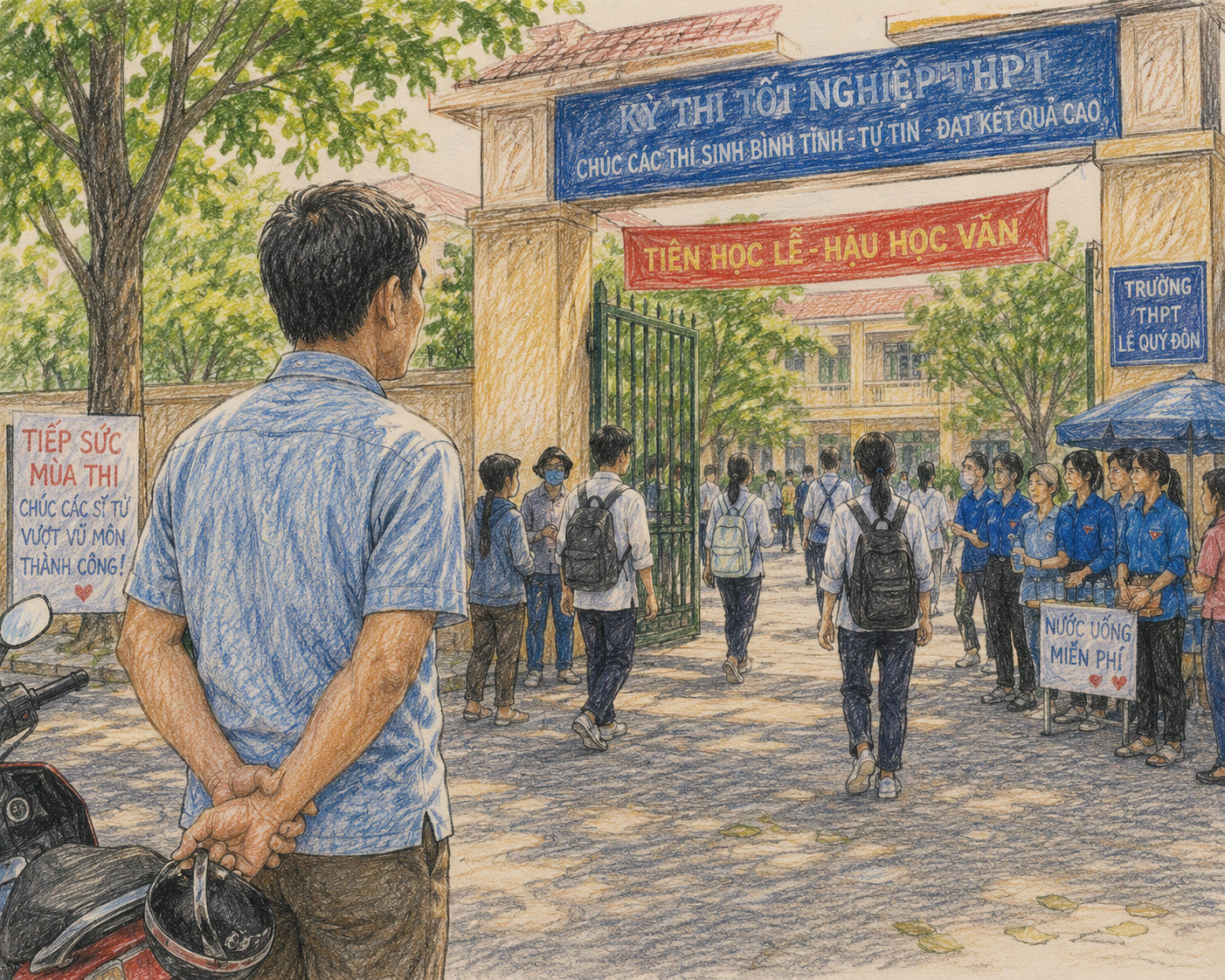 Phía ngoài cổng trường, có cha chờ...